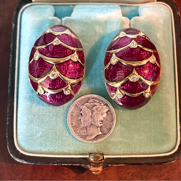 Vintage Joan Rivers Red & Green Enamel Rhinestone Egg Post Earrings x 2 Pairs - Picture 6 of 8